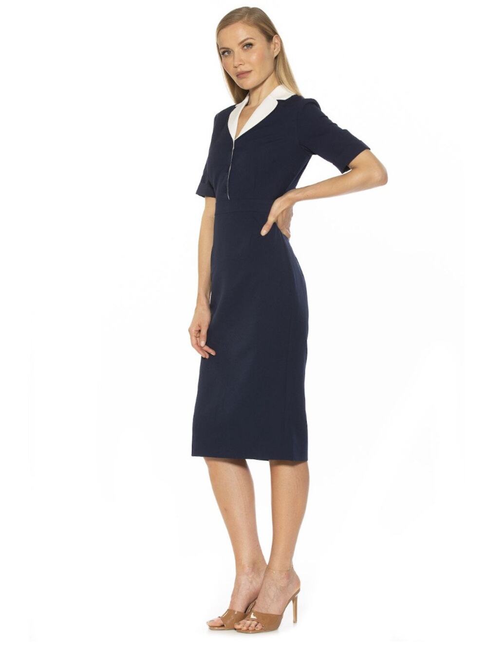 ALEXIA ADMOR Dress SZ 6 NWT Retro Collared Navy White Sheath Knee Length Modest - Picture 1 of 15